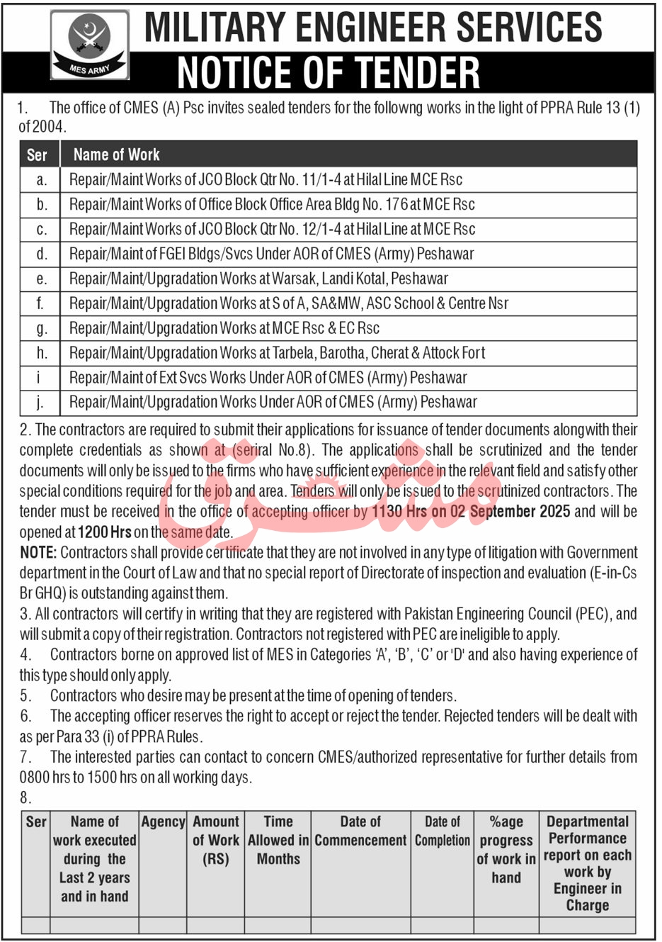 Military Engineer Services Tender Notice